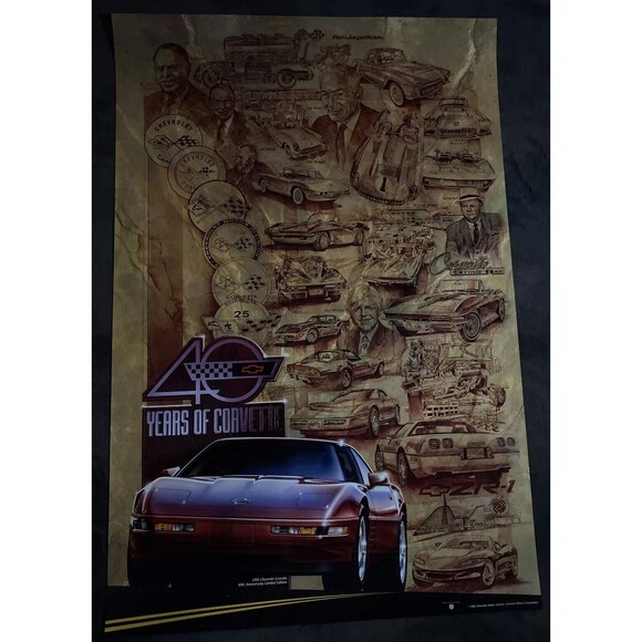 Vintage 90s 1992 Chevy Motor Division 40 Years Of Corvette Poster GM 24” X 36” - Picture 2 of 3